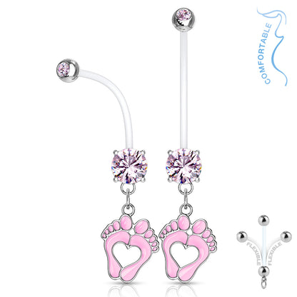 Double Jeweled Prong Set Round CZ with Heart Baby Feet Dangle Pregnancy Bioflex Navel Bar