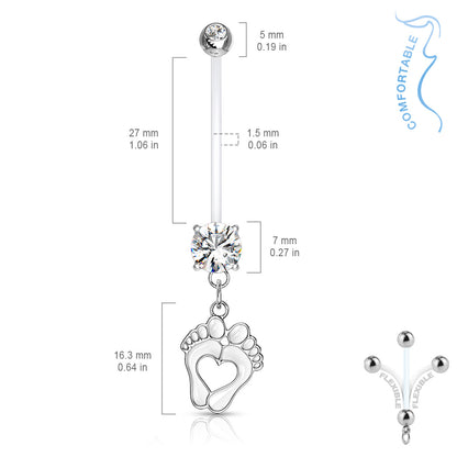 Double Jeweled Prong Set Round CZ with Heart Baby Feet Dangle Pregnancy Bioflex Navel Bar