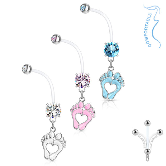 Double Jeweled Prong Set Round CZ with Heart Baby Feet Dangle Pregnancy Bioflex Navel Bar