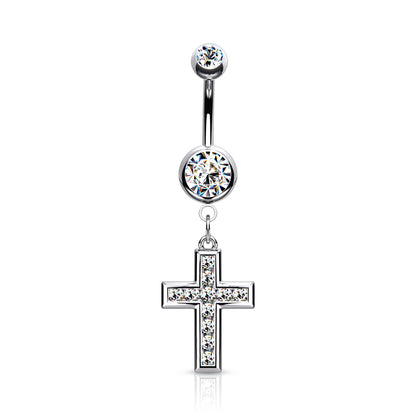 CZ Set Cross Dangle Jewelled Navel Bar