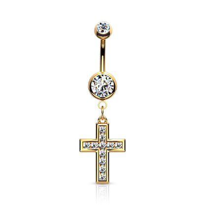 CZ Set Cross Dangle Jewelled Navel Bar