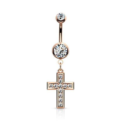 CZ Set Cross Dangle Jewelled Navel Bar