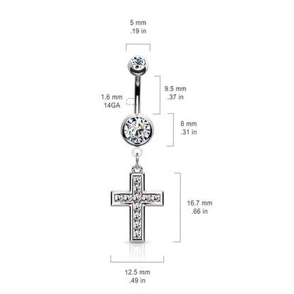 CZ Set Cross Dangle Jewelled Navel Bar
