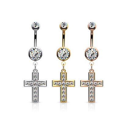 CZ Set Cross Dangle Jewelled Navel Bar
