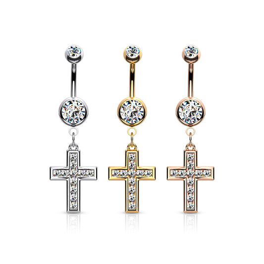 CZ Set Cross Dangle Jewelled Navel Bar