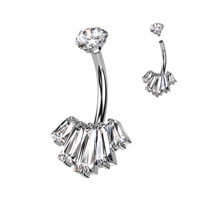 Navel Bar With Round CZ Top and 5 Baguette CZ Set Fan Bottom