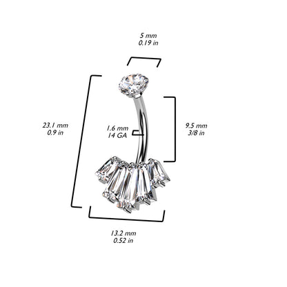 Navel Bar With Round CZ Top and 5 Baguette CZ Set Fan Bottom