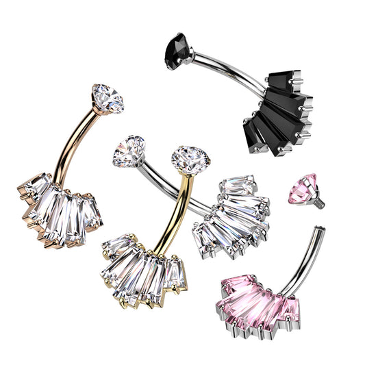 Navel Bar With Round CZ Top and 5 Baguette CZ Set Fan Bottom
