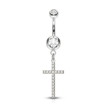Crystal Paved Cross Dangle Double Jeweled Navel Bar