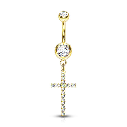 Crystal Paved Cross Dangle Double Jeweled Navel Bar