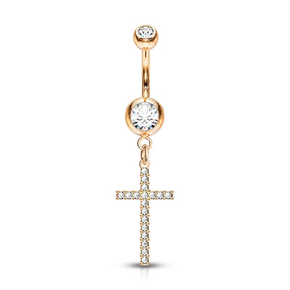 Crystal Paved Cross Dangle Double Jeweled Navel Bar