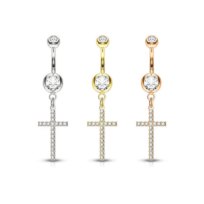 Crystal Paved Cross Dangle Double Jeweled Navel Bar