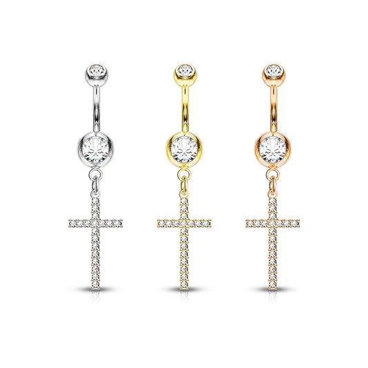 Crystal Paved Cross Dangle Double Jeweled Navel Bar