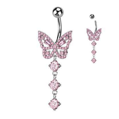 CZ Butterfly With 3 Round CZ Dangle Navel Bar