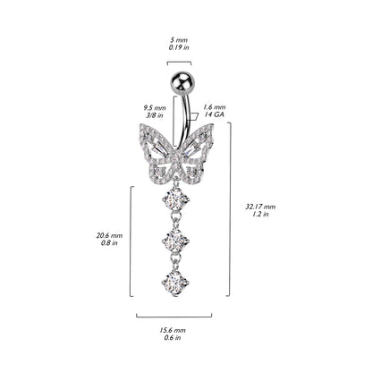 CZ Butterfly With 3 Round CZ Dangle Navel Bar