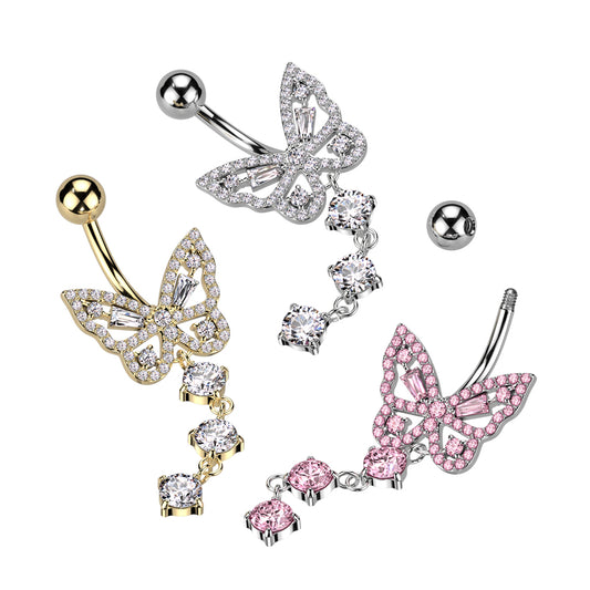 CZ Butterfly With 3 Round CZ Dangle Navel Bar