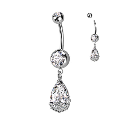 Double Jeweled CZ With Pear CZ Floral Prong Set Dangle Navel Bar