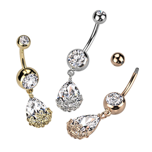 Double Jeweled CZ With Pear CZ Floral Prong Set Dangle Navel Bar