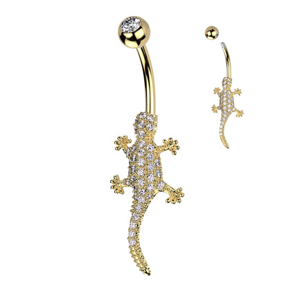 Navel Bar With Pave CZ Lizard