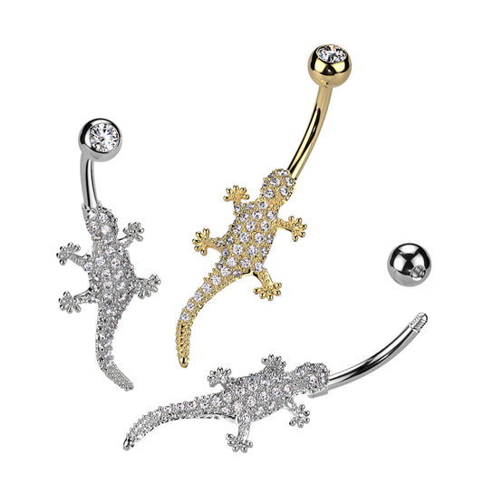 Navel Bar With Pave CZ Lizard