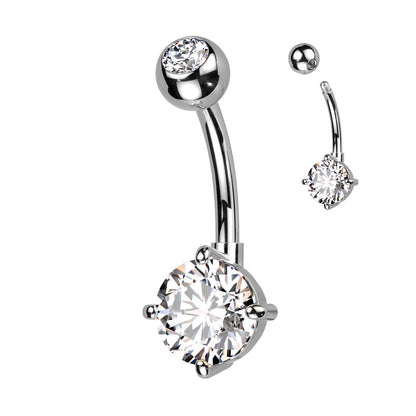 Navel Bar Bezel Set CZ Top and Round Brass Prong Set CZ