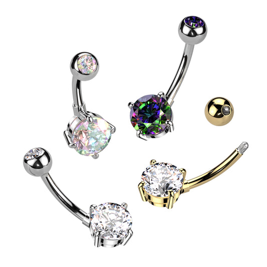 Navel Bar Bezel Set CZ Top and Round Brass Prong Set CZ