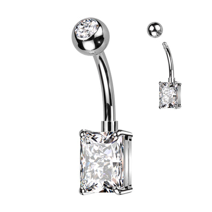Threadless CZ Top and Rectangle Brass Prong Set CZ Navel Bar