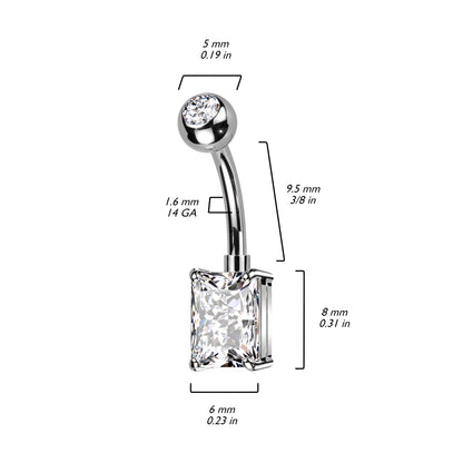 Threadless CZ Top and Rectangle Brass Prong Set CZ Navel Bar
