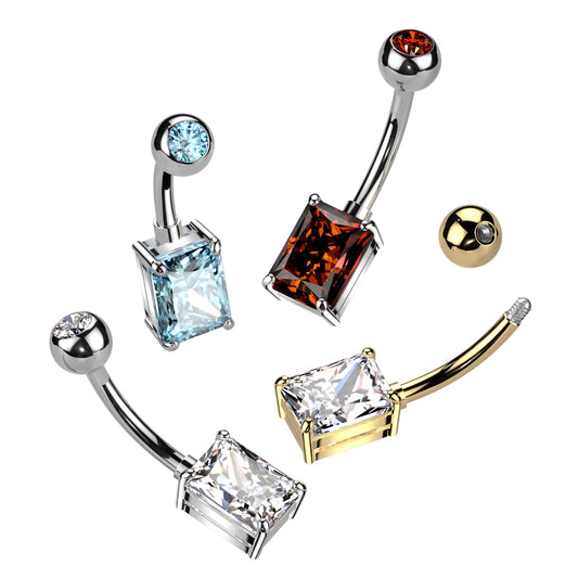 Threadless CZ Top and Rectangle Brass Prong Set CZ Navel Bar