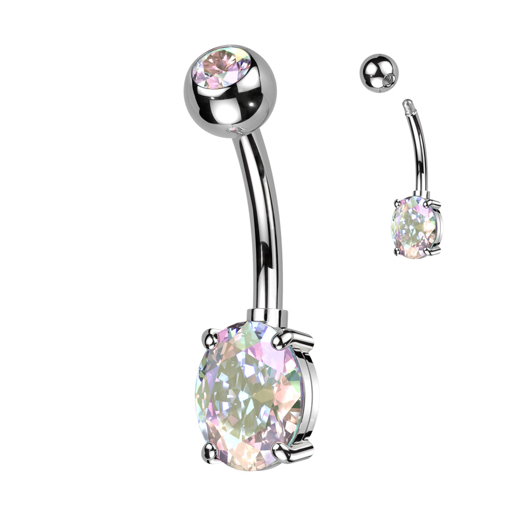 Threadless CZ Top and Oval Brass Prong Set CZ Navel Bar