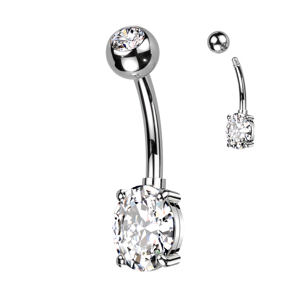Threadless CZ Top and Oval Brass Prong Set CZ Navel Bar