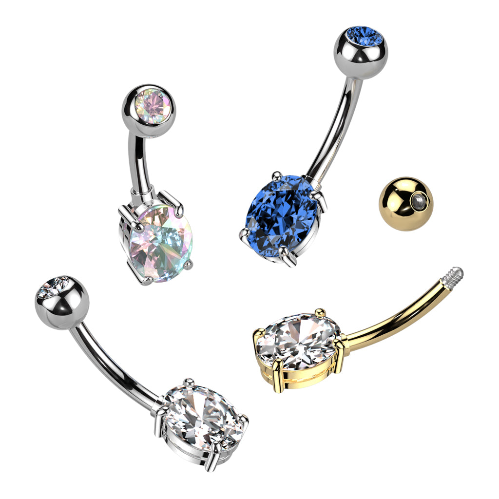 Threadless CZ Top and Oval Brass Prong Set CZ Navel Bar