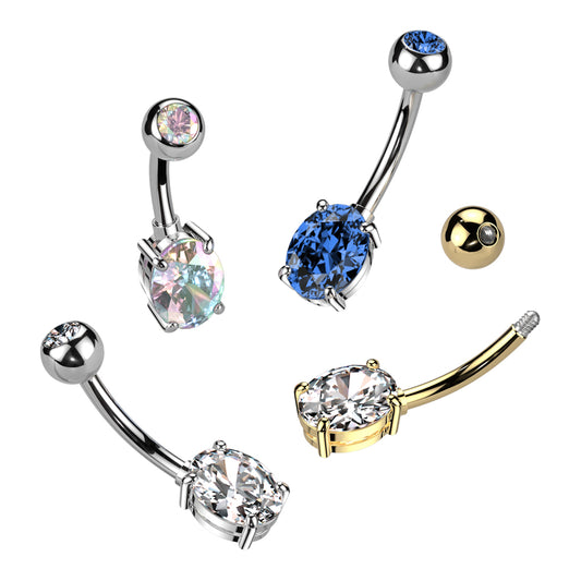 Threadless CZ Top and Oval Brass Prong Set CZ Navel Bar