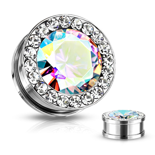 Round CZ Center with CZ Around Rim Screw Fit Flesh Tunnels