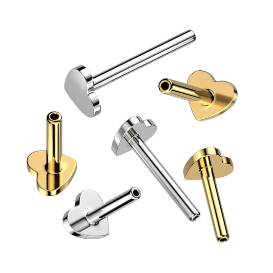 16g Titanium Threadless Push In Heart Flat Back Stud Labret Post