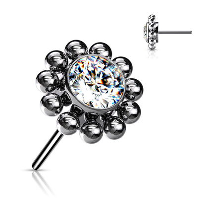 Threadless Push In Bezel Set CZ Center With Beaded Ball Edge Top