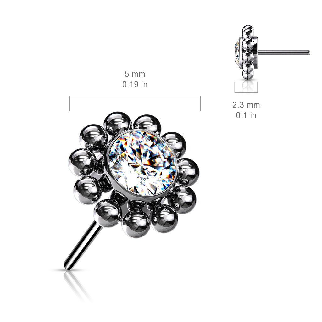 Threadless Push In Bezel Set CZ Center With Beaded Ball Edge Top