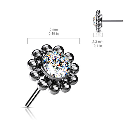 Threadless Push In Bezel Set CZ Center With Beaded Ball Edge Top