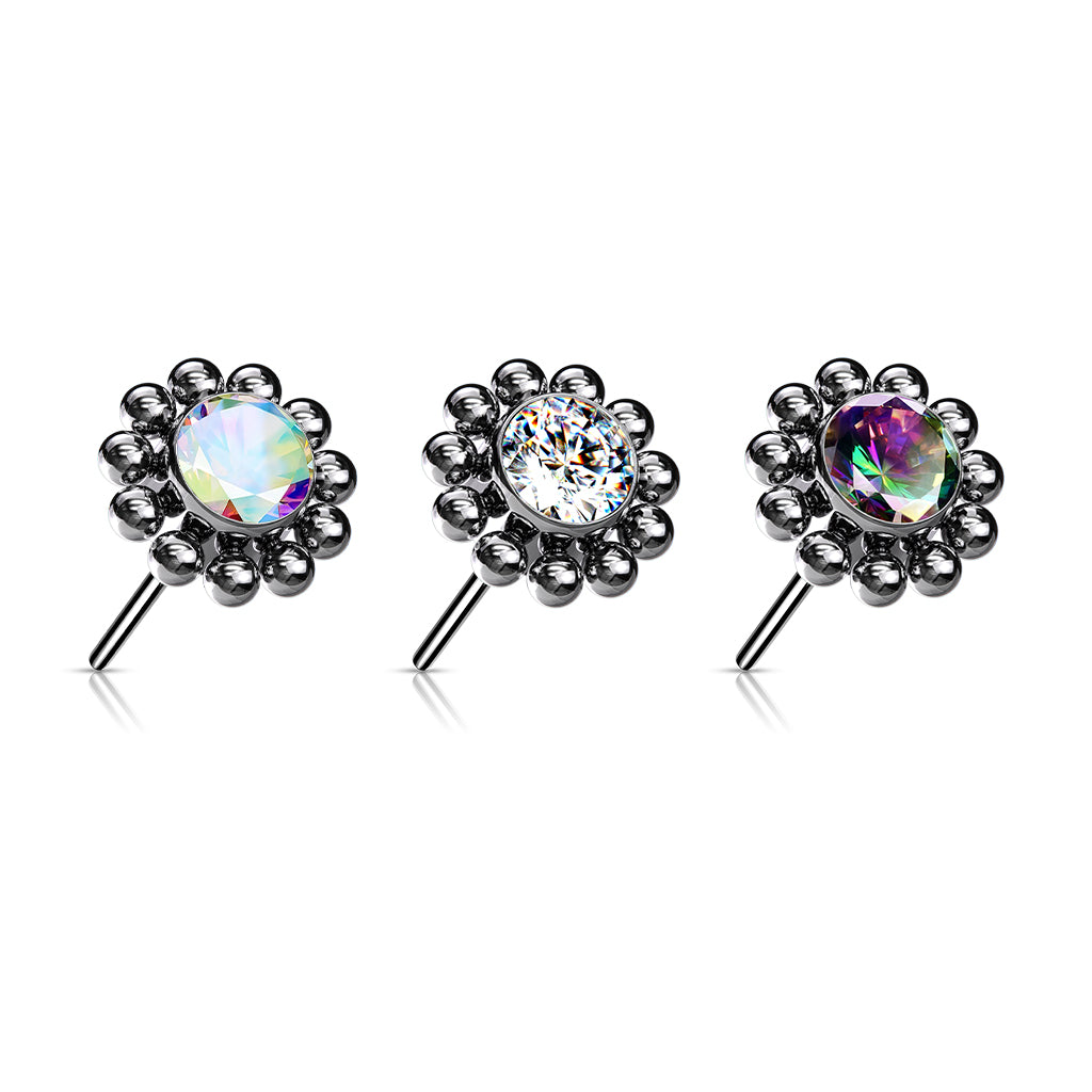 Threadless Push In Bezel Set CZ Center With Beaded Ball Edge Top