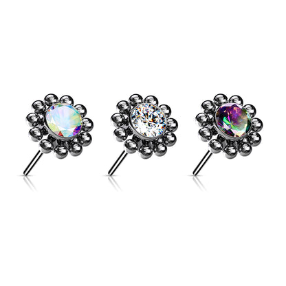 Threadless Push In Bezel Set CZ Center With Beaded Ball Edge Top
