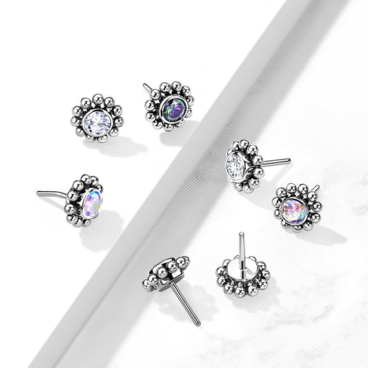 Threadless Push In Bezel Set CZ Center With Beaded Ball Edge Top