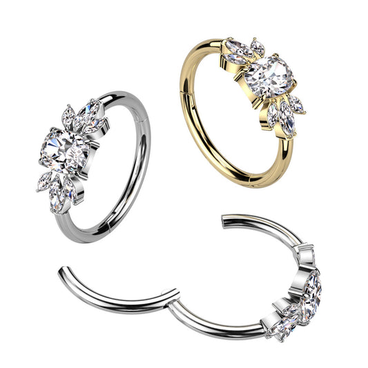 Hinged Segment Hoop With Emerald Cut CZ Center Between Double CZ Marquise Leaf
