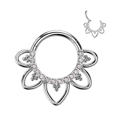 Hinged Segment Hoop Ring With Front Facing CZ Pave Heart Filigree