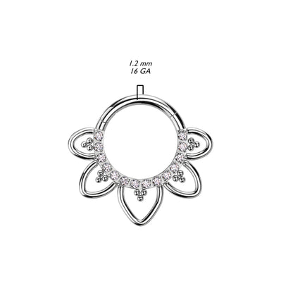 Hinged Segment Hoop Ring With Front Facing CZ Pave Heart Filigree