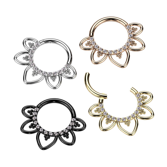 Hinged Segment Hoop Ring With Front Facing CZ Pave Heart Filigree