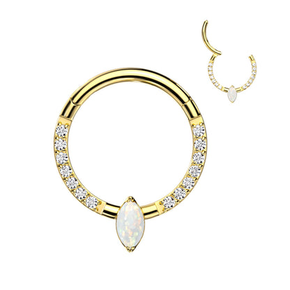 Hinged Segment Hoop Ring With Marquise CZ or Opal Center and Pave CZ Sides