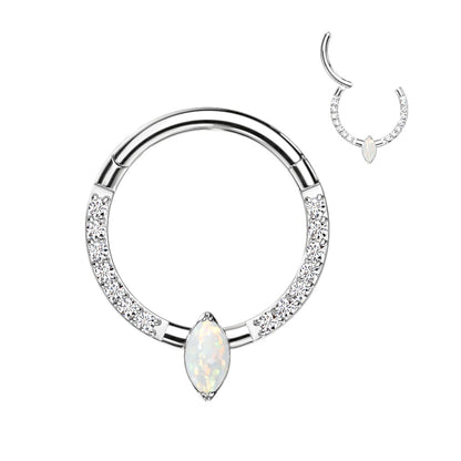 Hinged Segment Hoop Ring With Marquise CZ or Opal Center and Pave CZ Sides