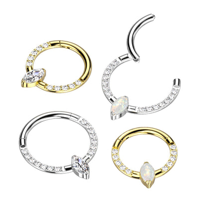 Hinged Segment Hoop Ring With Marquise CZ or Opal Center and Pave CZ Sides
