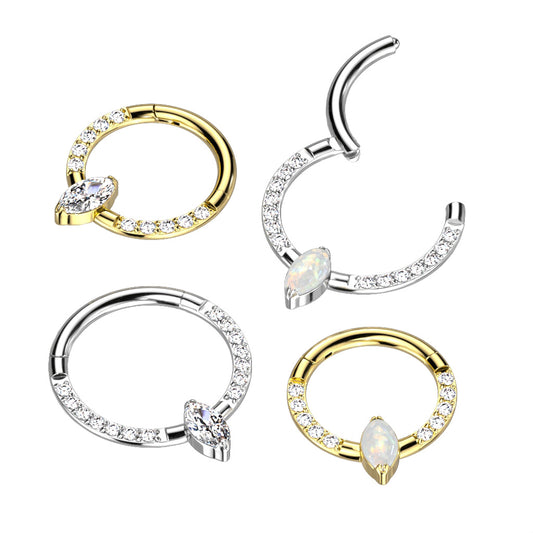 Hinged Segment Hoop Ring With Marquise CZ or Opal Center and Pave CZ Sides
