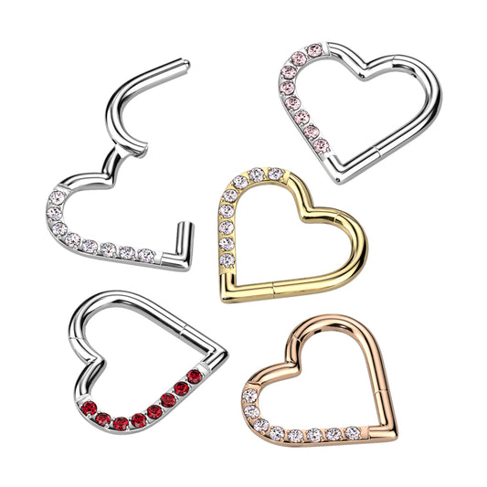 Hinged Segment Hoop Ring With Half Pave CZ Heart